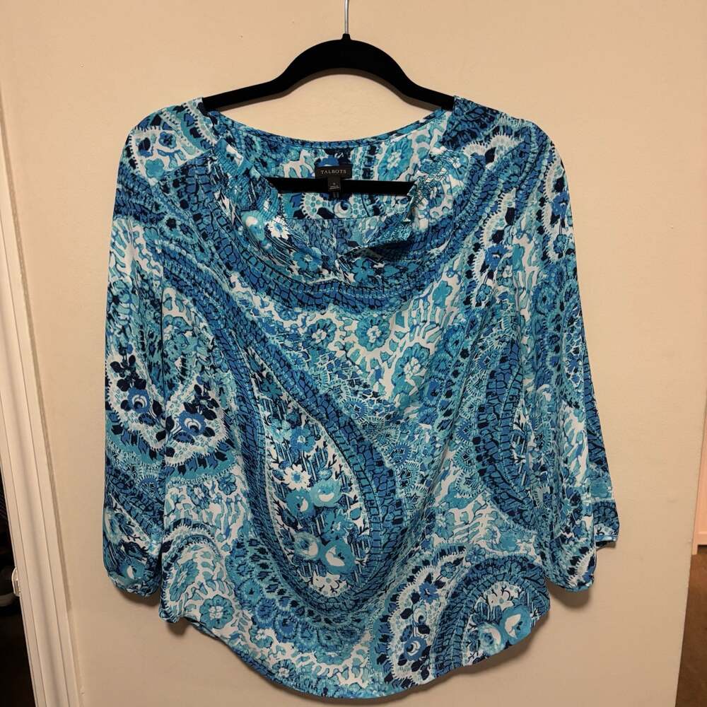 Talbots Blue Paisley Floral Split Neck Ruffle Blouse Size S